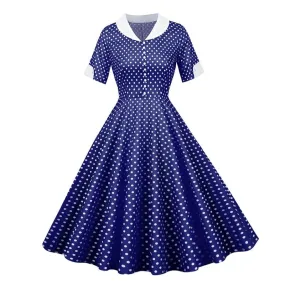 2023 Button Front Polka Dot Vintage High Waist Runway Midi Tunic Dress Women V Neck Short Sleeve Casual Retro Swing Dresses