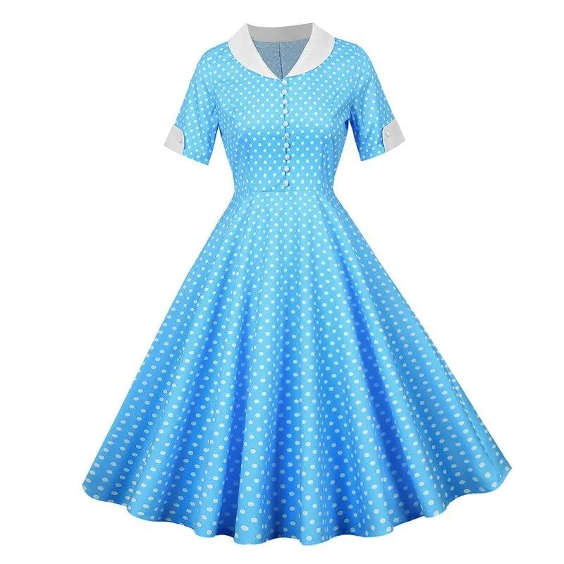 2023 Button Front Polka Dot Vintage High Waist Runway Midi Tunic Dress Women V Neck Short Sleeve Casual Retro Swing Dresses