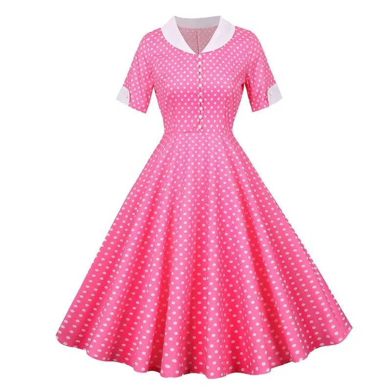 2023 Button Front Polka Dot Vintage High Waist Runway Midi Tunic Dress Women V Neck Short Sleeve Casual Retro Swing Dresses