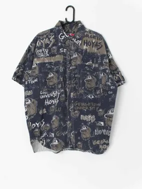 90s vintage Pro Player denim oversized shirt featuring George Town University bull dog print – XL / 2XL