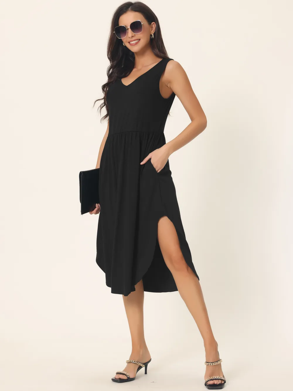 Allegra K - Sleeveless Casual Split Hem Midi Dress