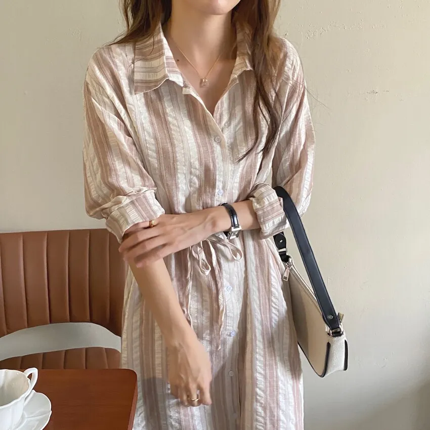 Autumn Casual Elegant Office Lady Shirt Dress Lapel Long Sleeve Striped Midi Dress With Belt