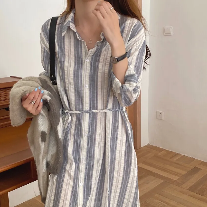 Autumn Casual Elegant Office Lady Shirt Dress Lapel Long Sleeve Striped Midi Dress With Belt