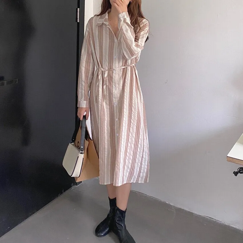 Autumn Casual Elegant Office Lady Shirt Dress Lapel Long Sleeve Striped Midi Dress With Belt