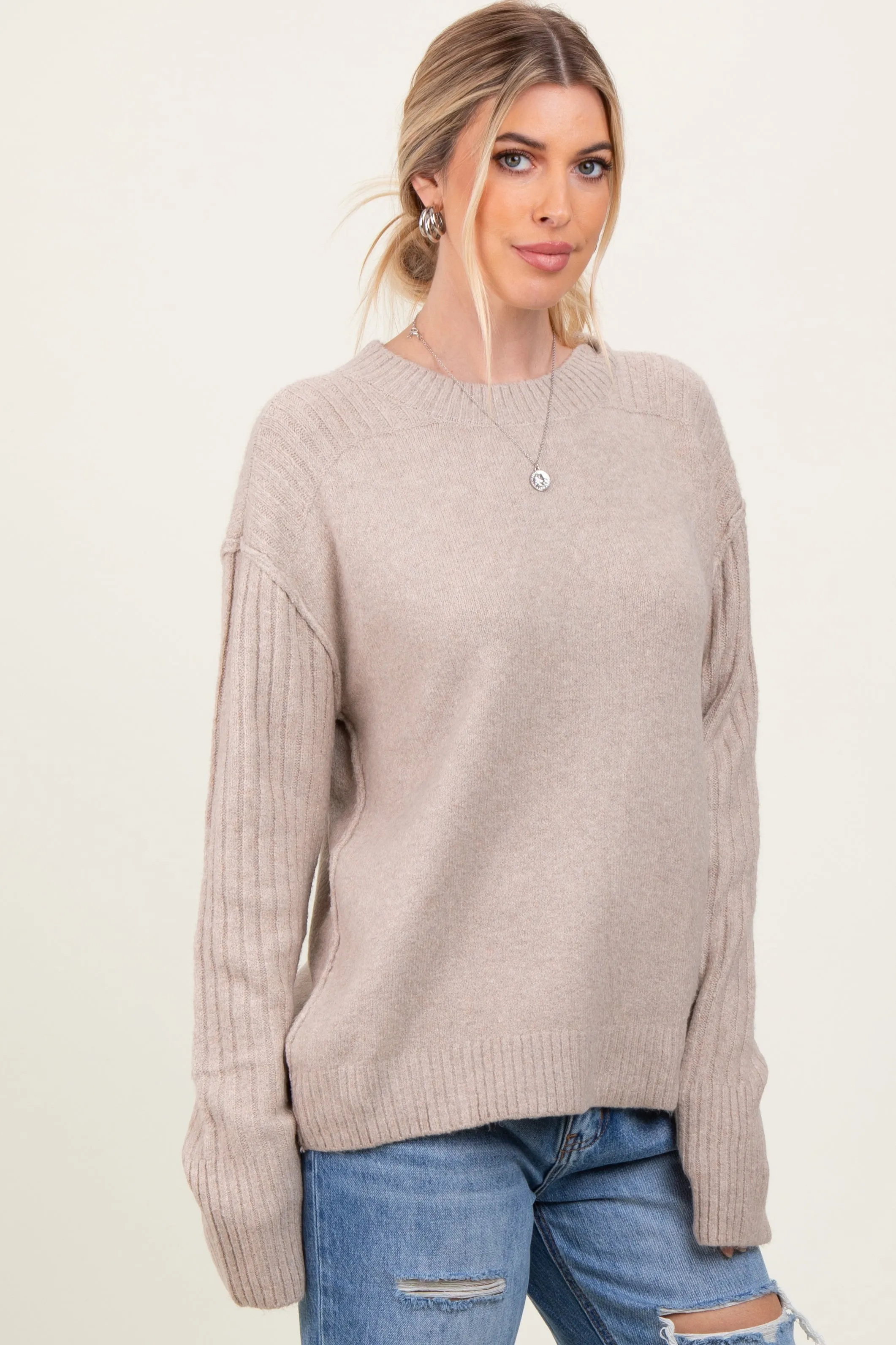 Beige Long Sleeve Raised Seam Sweater