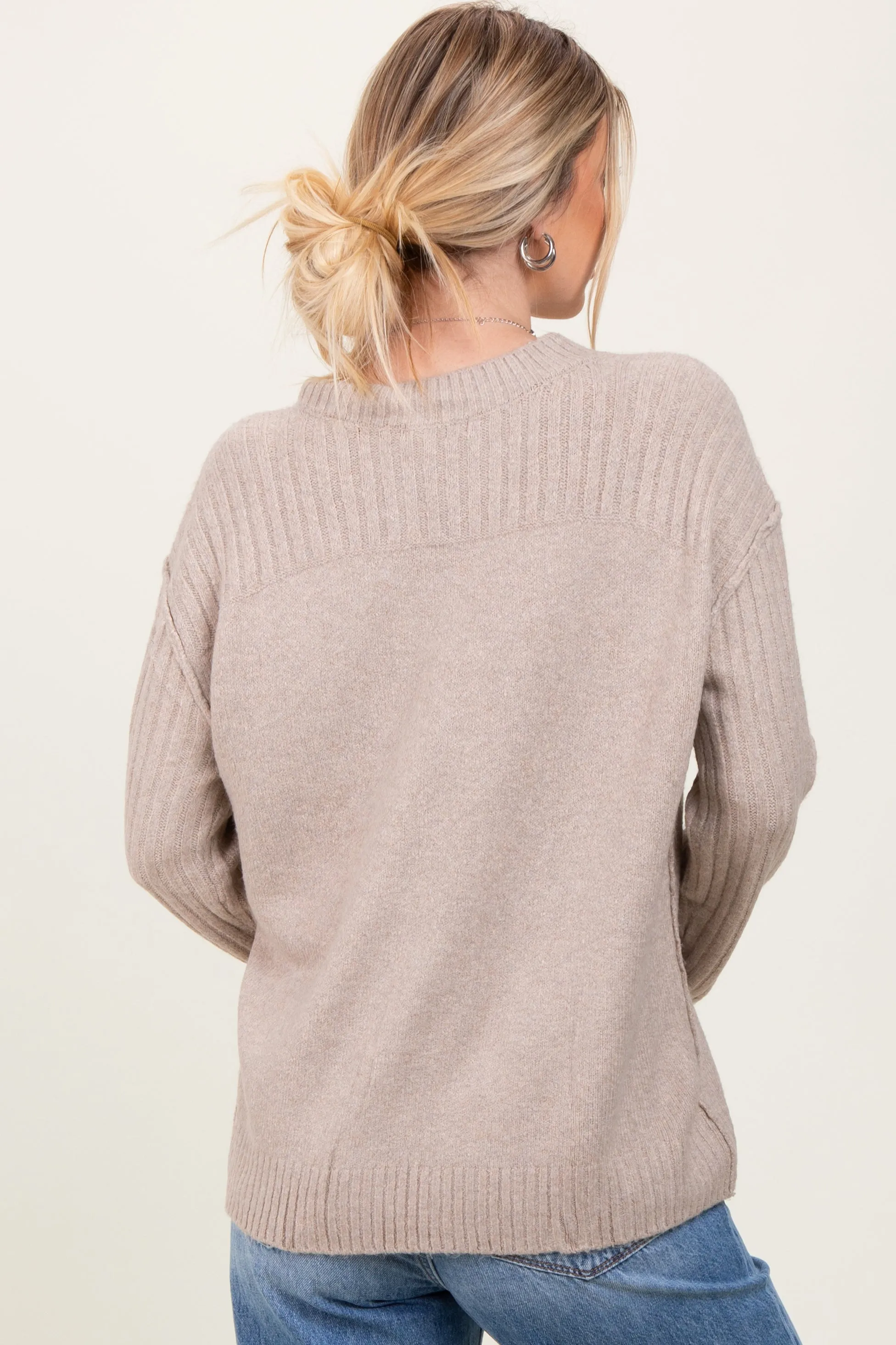 Beige Long Sleeve Raised Seam Sweater