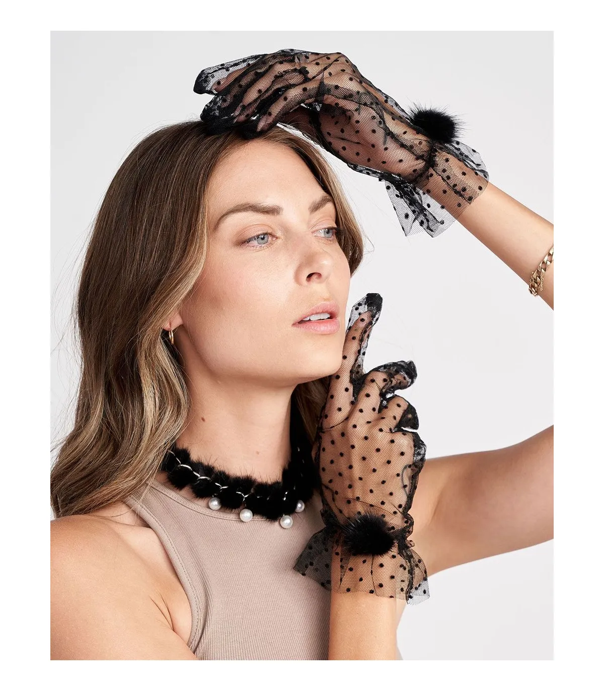 Black Tulle Gloves with Mink Pom Pom | FurSource.com