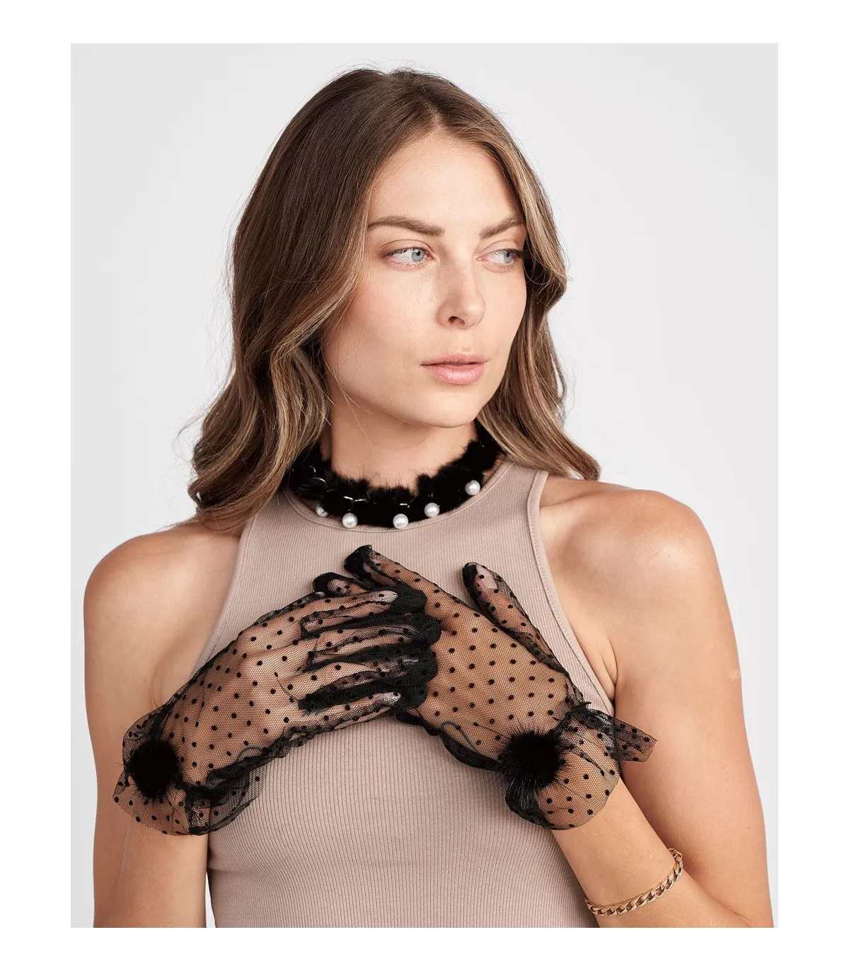 Black Tulle Gloves with Mink Pom Pom | FurSource.com