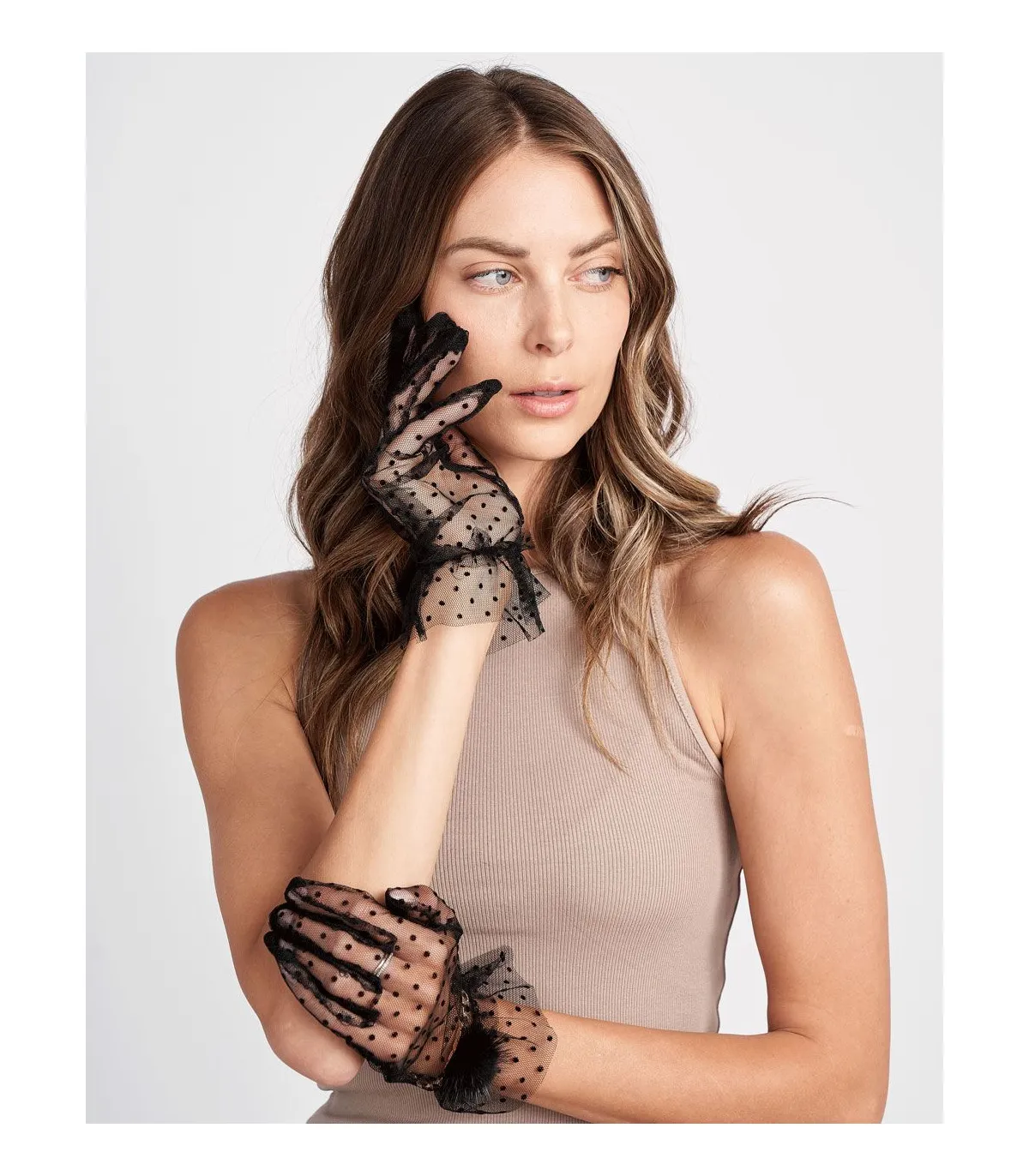 Black Tulle Gloves with Mink Pom Pom | FurSource.com