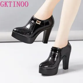 Block Heel Deep Mouth Platform Pumps Leather Women Shoes 2023 High Heels Shoes Ladies Office Party Shoe Plus Size 33-43