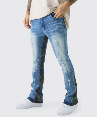 boohooMAN Mens Skinny Flared Ripped Bleached Camo Gusset Jeans