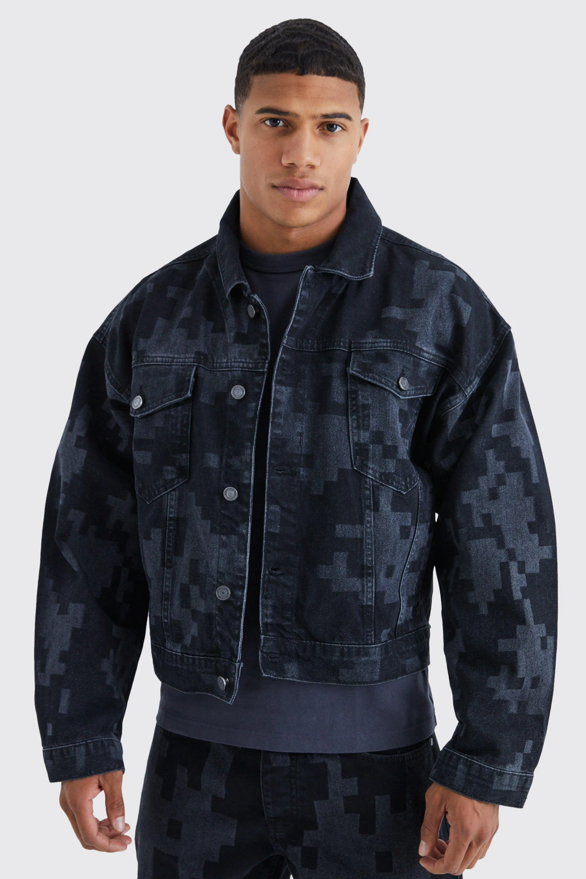 Boxy Fit Camo Laser Print Denim Jacket