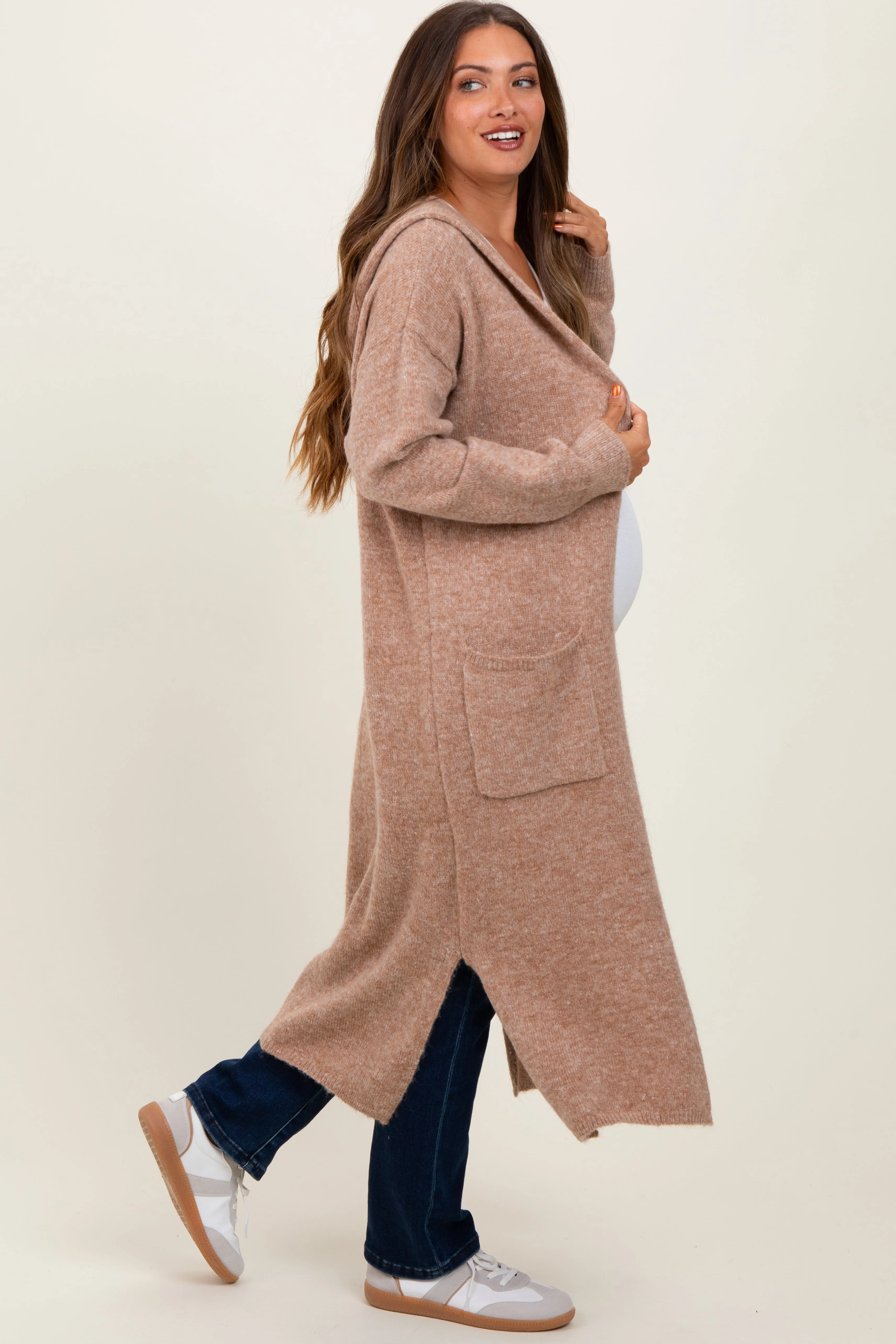 Camel Long Hooded Open Front Maternity Cardigan