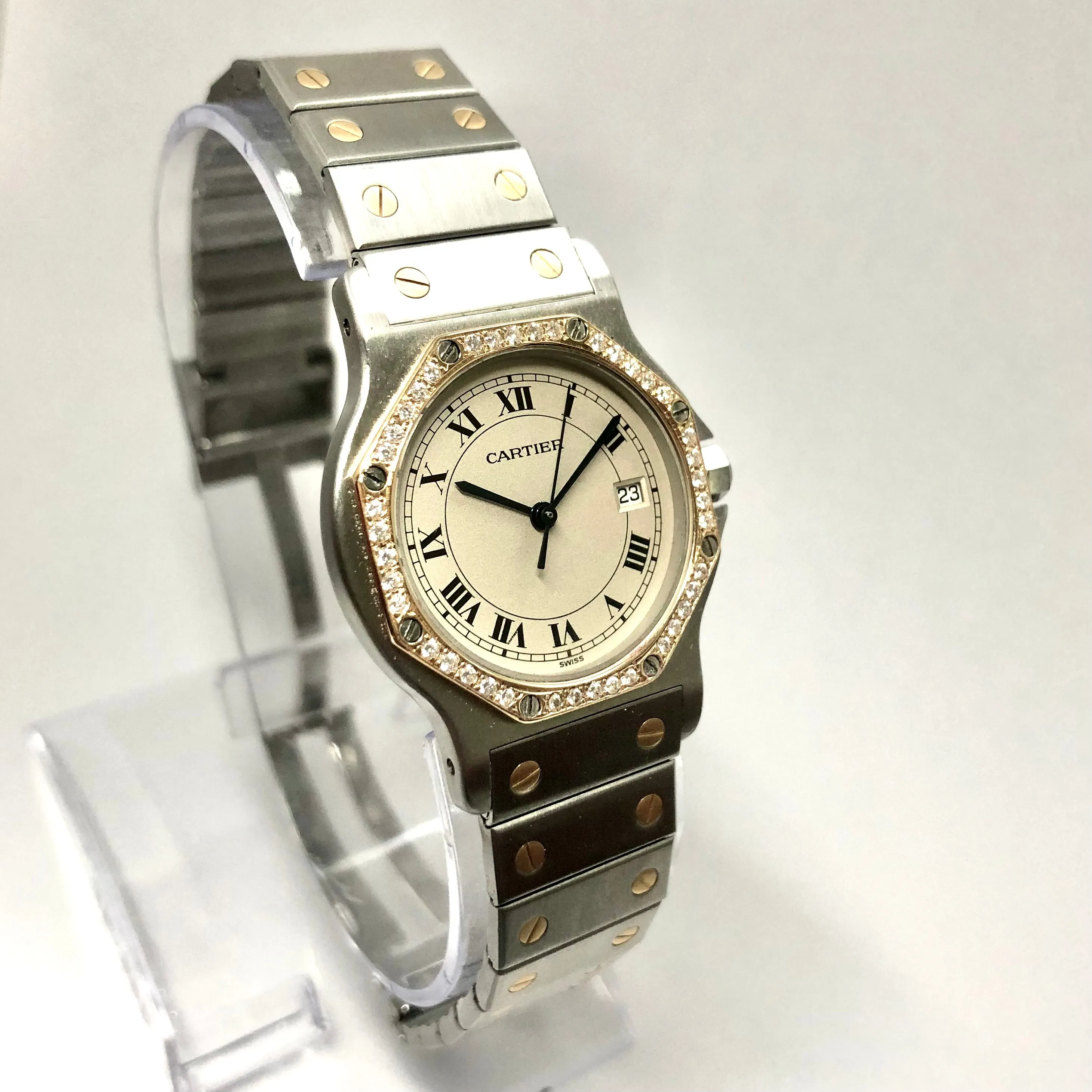 CARTIER SANTOS OCTAGON 31mm Quartz 2 Tone 0.38TCW Diamond Watch