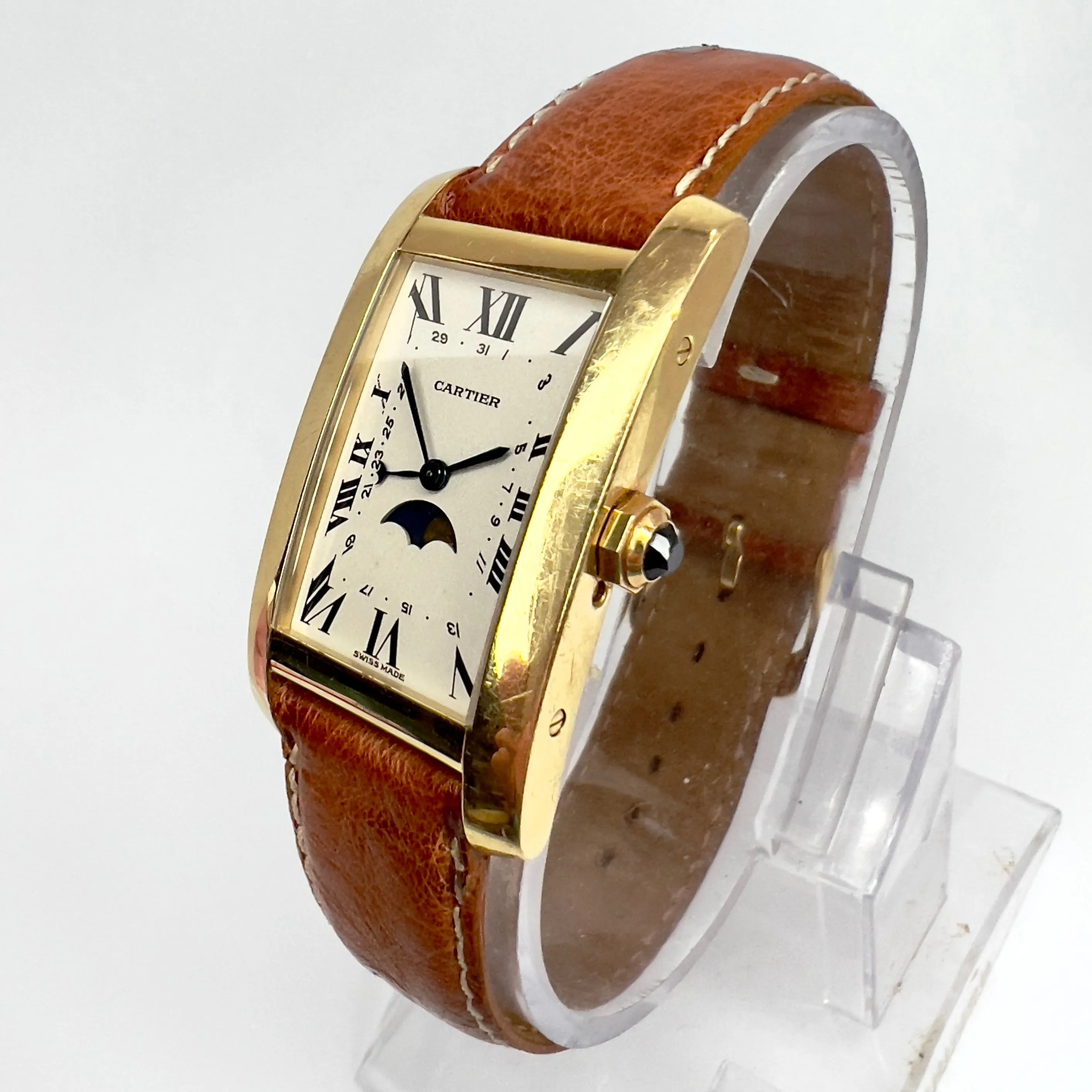 CARTIER TANK AMERICAINE Quartz 18K Yellow Gold Moon Phase Watch