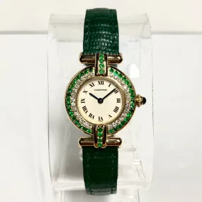 CARTIER VERMEIL COLISEE Quartz 18K Yellow Gold DIAMONDS & Emeralds Watch