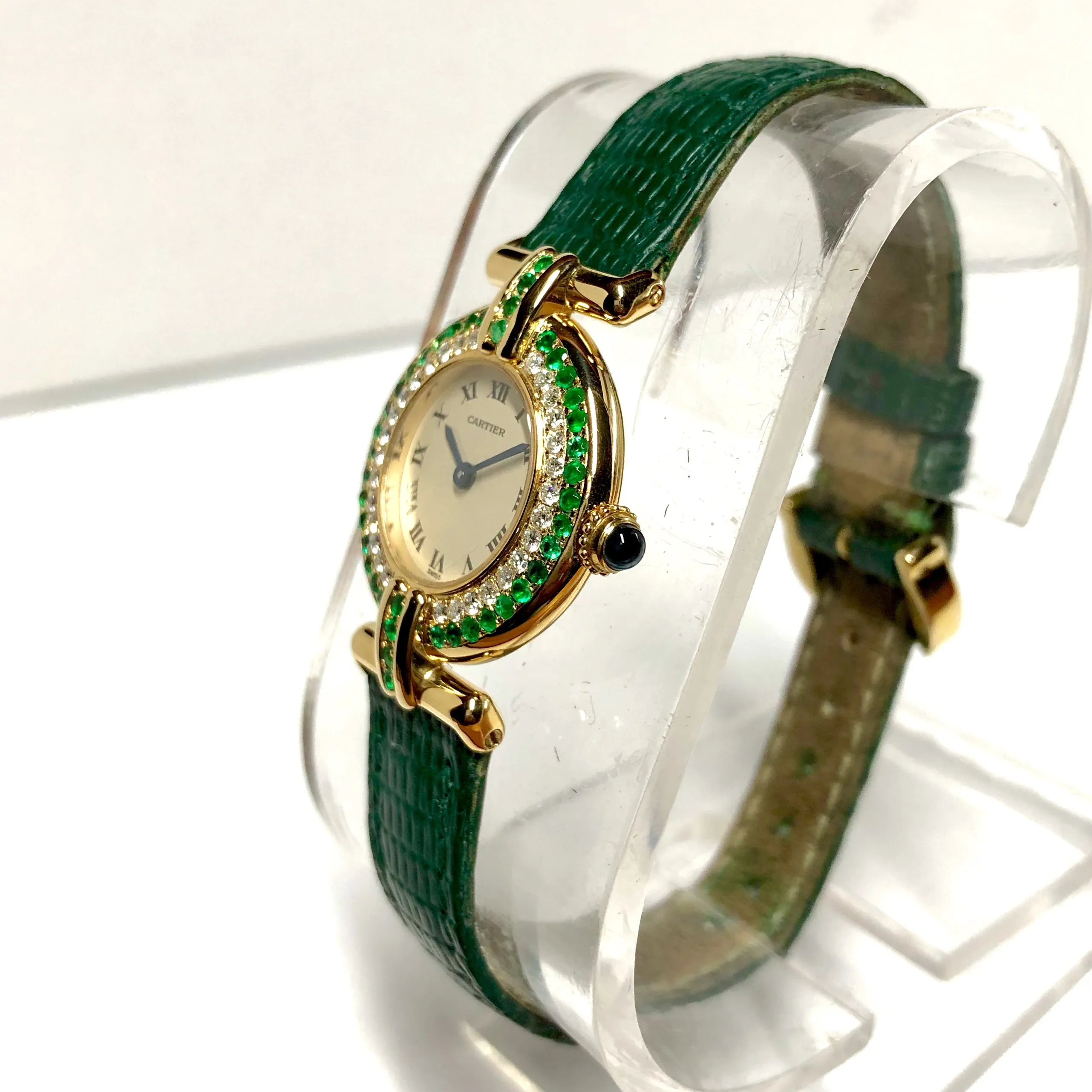 CARTIER VERMEIL COLISEE Quartz 18K Yellow Gold DIAMONDS & Emeralds Watch