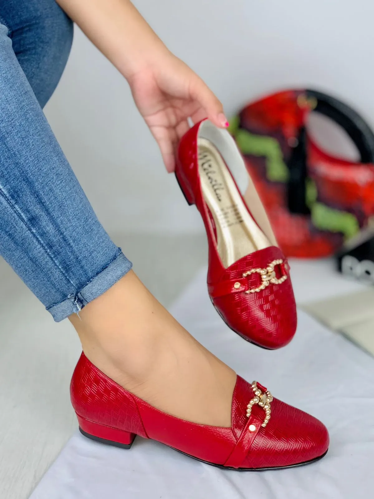 Chic Red Leather Chain Loafers