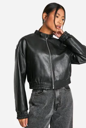 Collar Detail Faux Leather Bomber Jacket