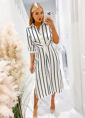 Cream & Navy Striped Button Up Three-Quarter Sleeve Midi Dress by AX Paris | Look Again