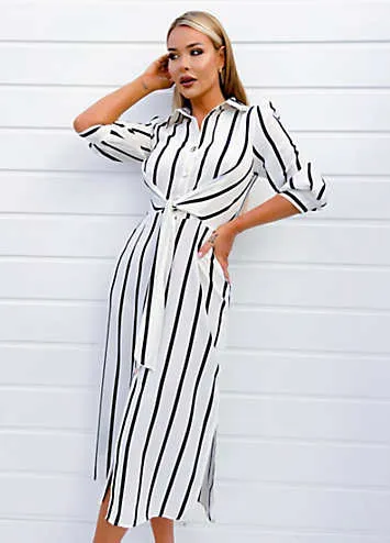 Cream & Navy Striped Button Up Three-Quarter Sleeve Midi Dress by AX Paris | Look Again