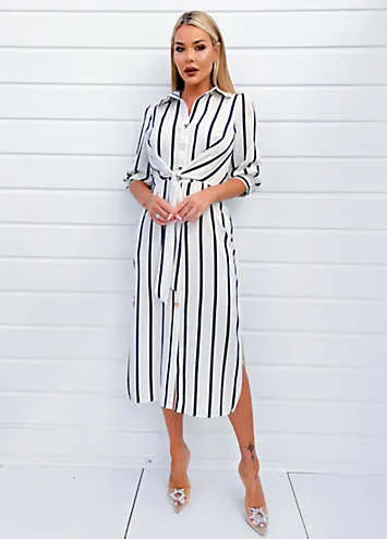 Cream & Navy Striped Button Up Three-Quarter Sleeve Midi Dress by AX Paris | Look Again