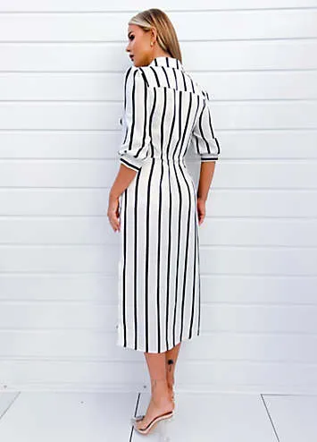 Cream & Navy Striped Button Up Three-Quarter Sleeve Midi Dress by AX Paris | Look Again