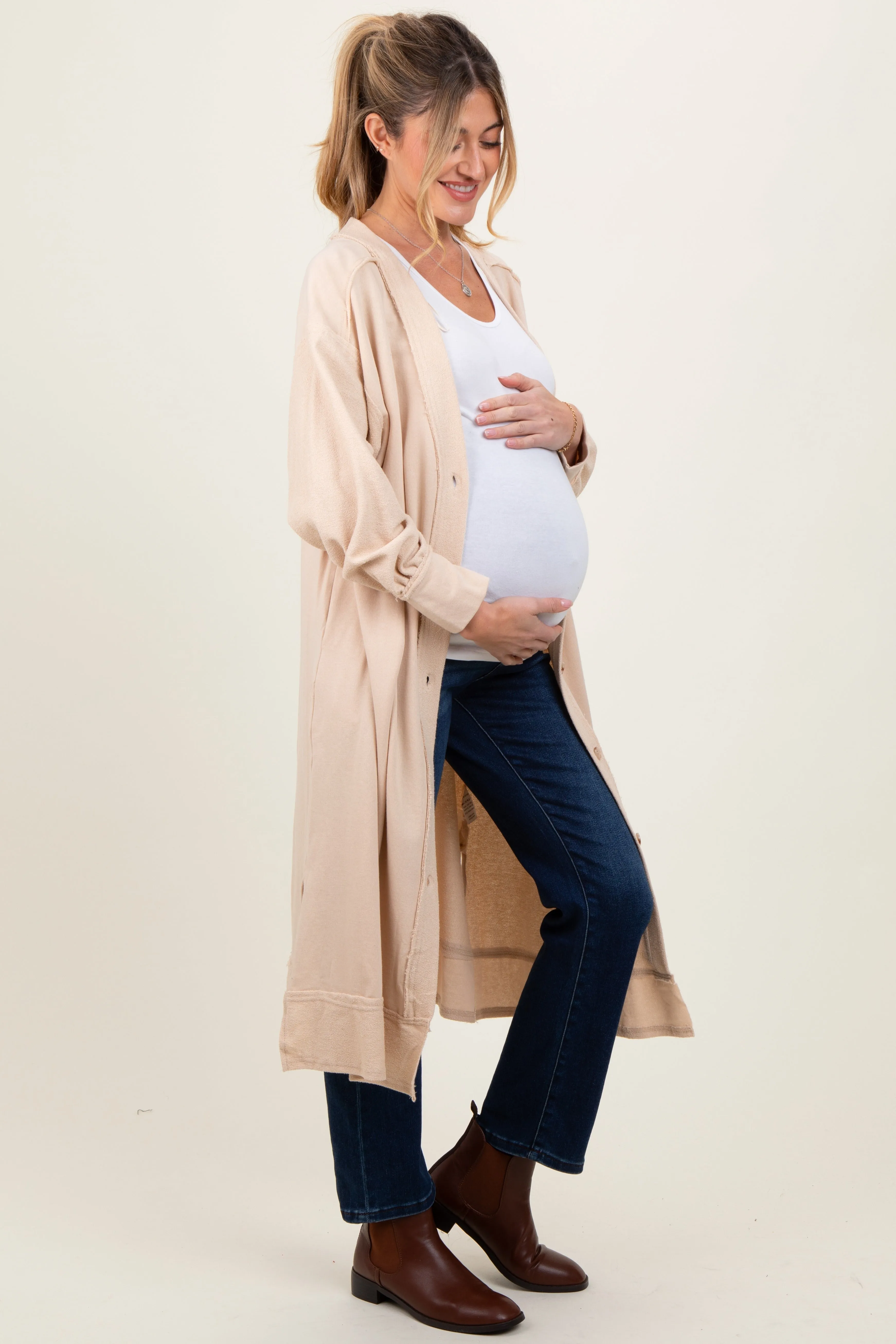 Cream Button Down Long Maternity Cardigan