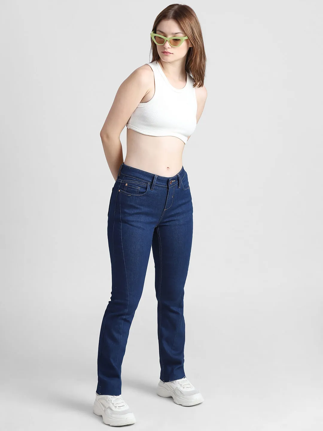 Dark Blue Mid Rise Flared Fit Jeans