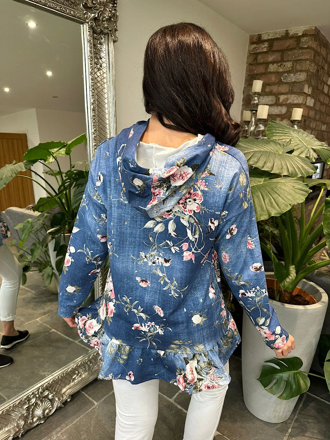 Denim Floral Frill Hem Hooded Sweatshirt India