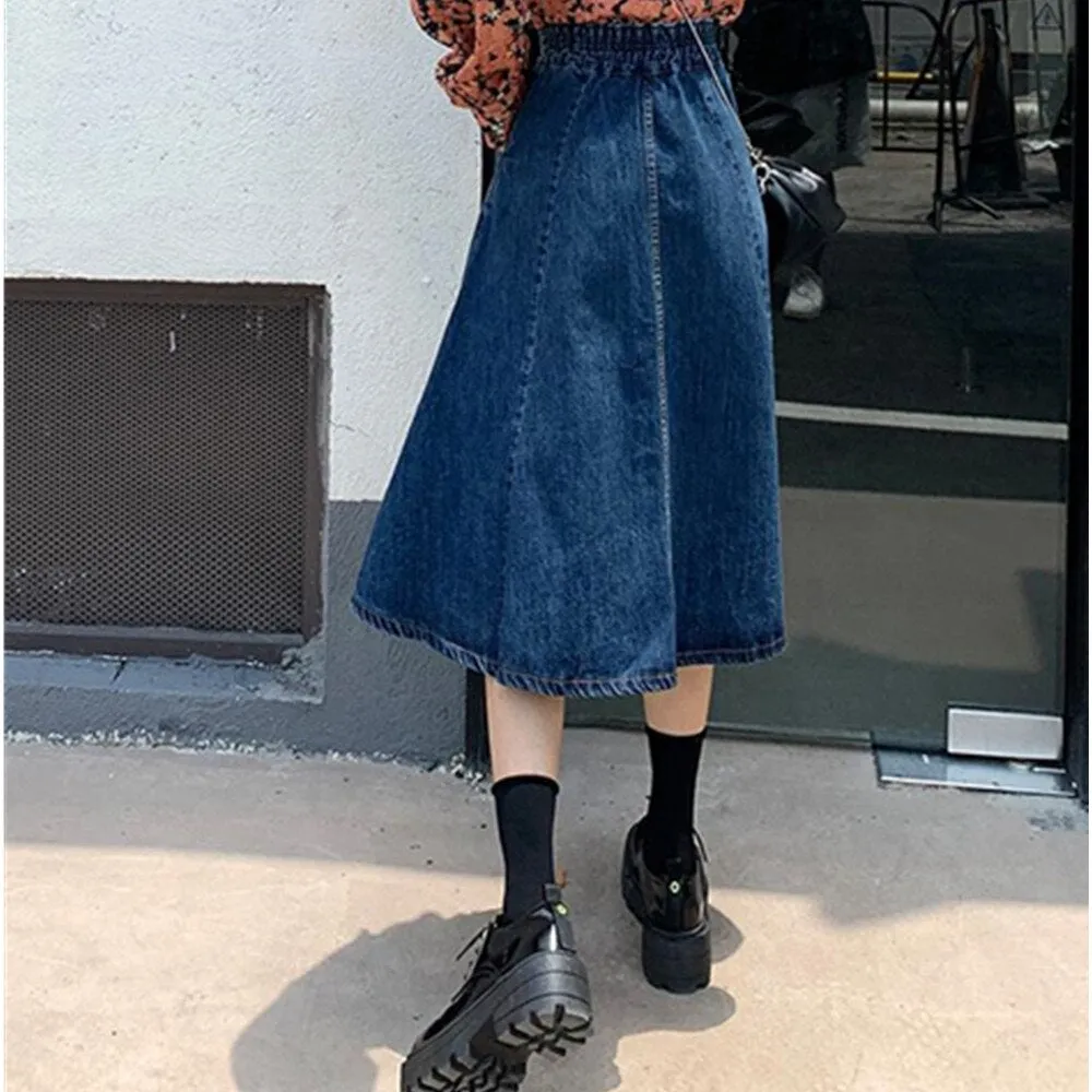 Denim Long High Waist Pleated Midi A-Line Ladies Casual Summer Jeans Maxi Skirt