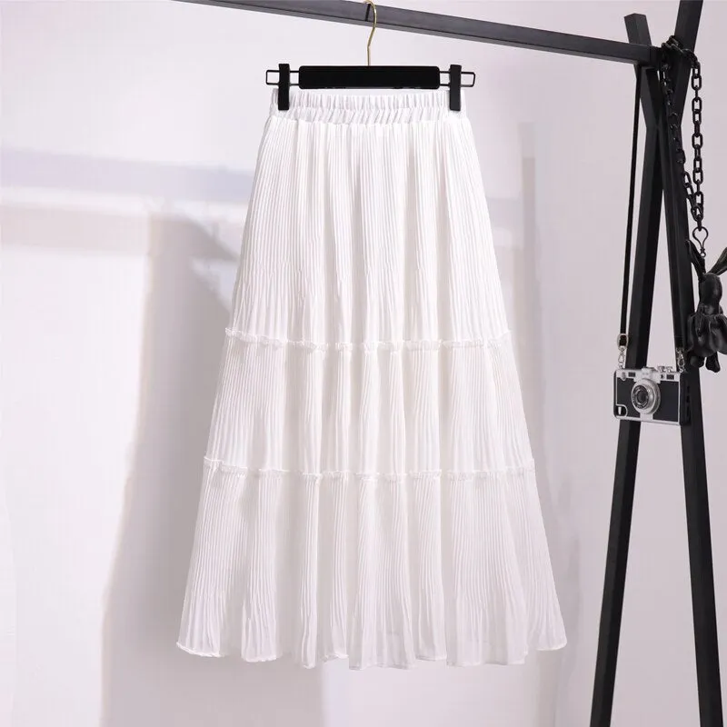 Elegant Frill Trim Chiffon Pleated Skirt Summer Elastic High Waist Solid Casual Midi Skirt