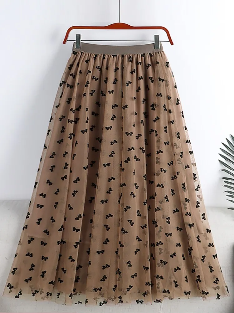 Elegant Long Women Butterfly Flocking Tulle Elastic High Waist Casual Mesh A Line Midi Skirt