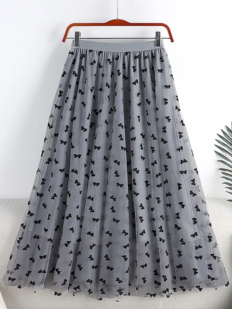 Elegant Long Women Butterfly Flocking Tulle Elastic High Waist Casual Mesh A Line Midi Skirt