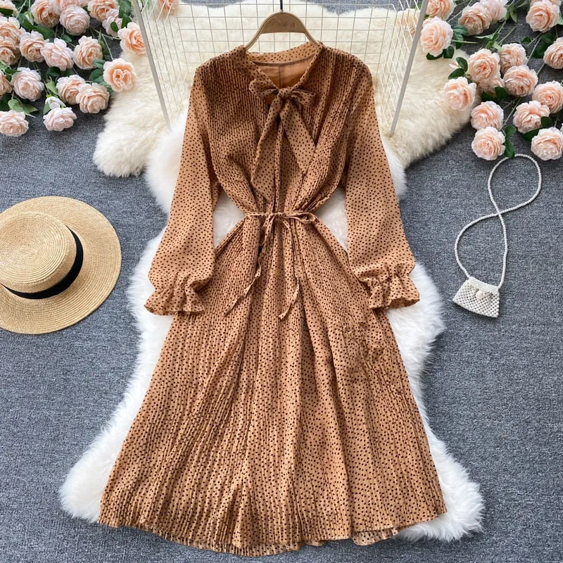 Elegant Vintage Casual Midi Dress With Belt Tie Bow Collar Long Sleeve Pleated Chiffon Dress