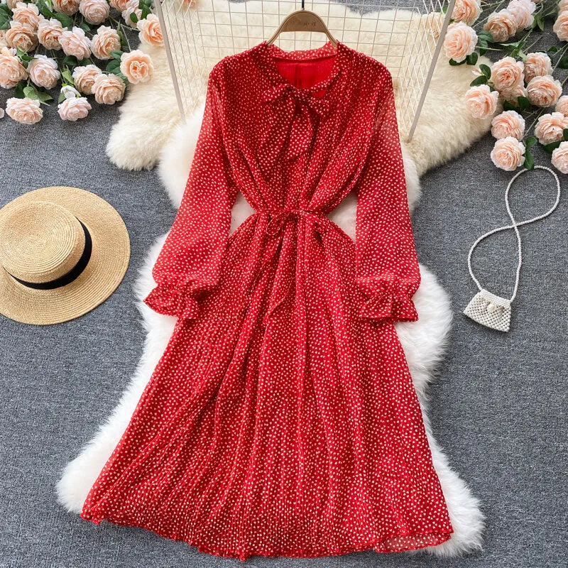 Elegant Vintage Casual Midi Dress With Belt Tie Bow Collar Long Sleeve Pleated Chiffon Dress