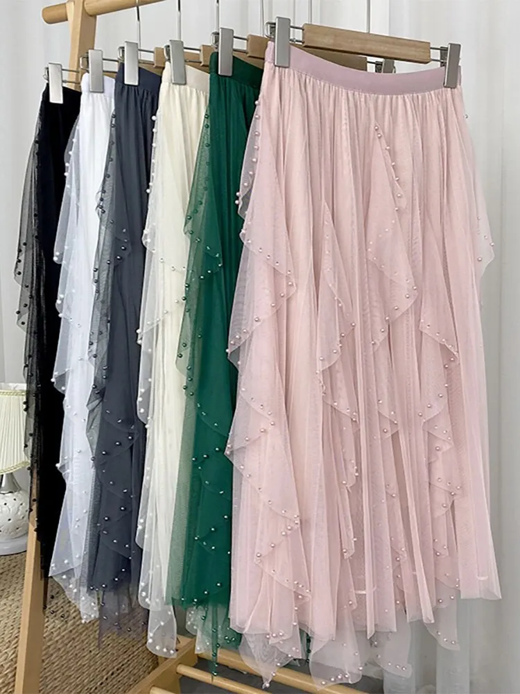 Faux Pearl Beaded Ruffle Midi Long Women Elastic High Waist Casual A Line Tulle Skirt