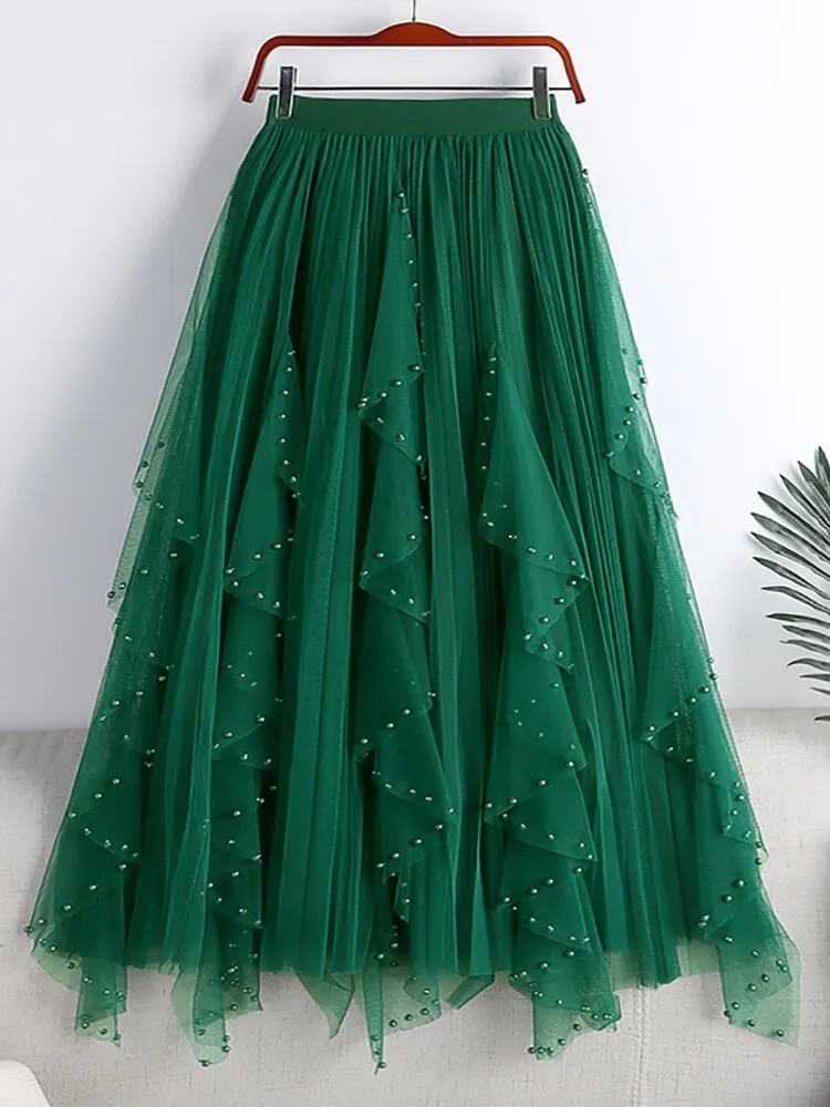 Faux Pearl Beaded Ruffle Midi Long Women Elastic High Waist Casual A Line Tulle Skirt