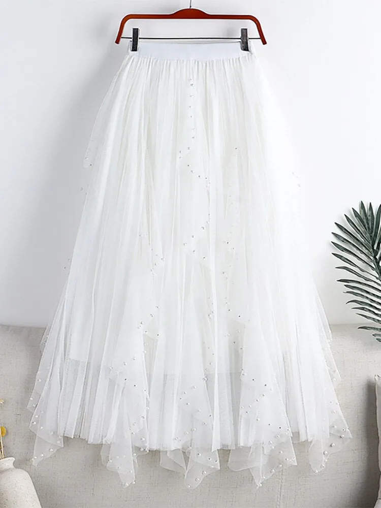 Faux Pearl Beaded Ruffle Midi Long Women Elastic High Waist Casual A Line Tulle Skirt