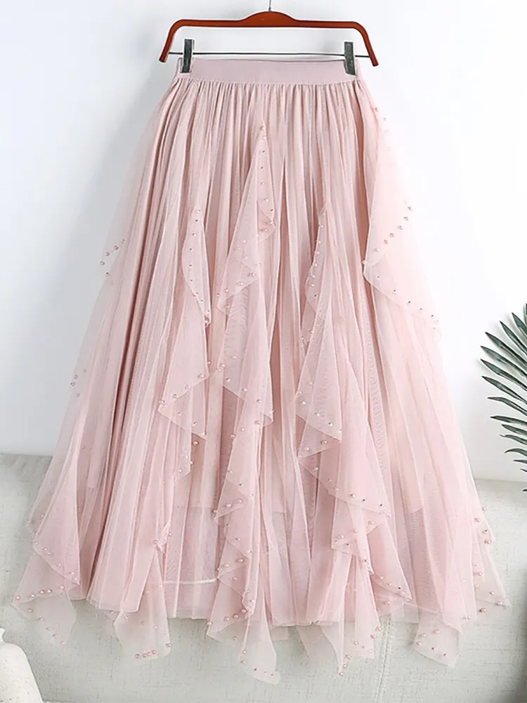 Faux Pearl Beaded Ruffle Midi Long Women Elastic High Waist Casual A Line Tulle Skirt