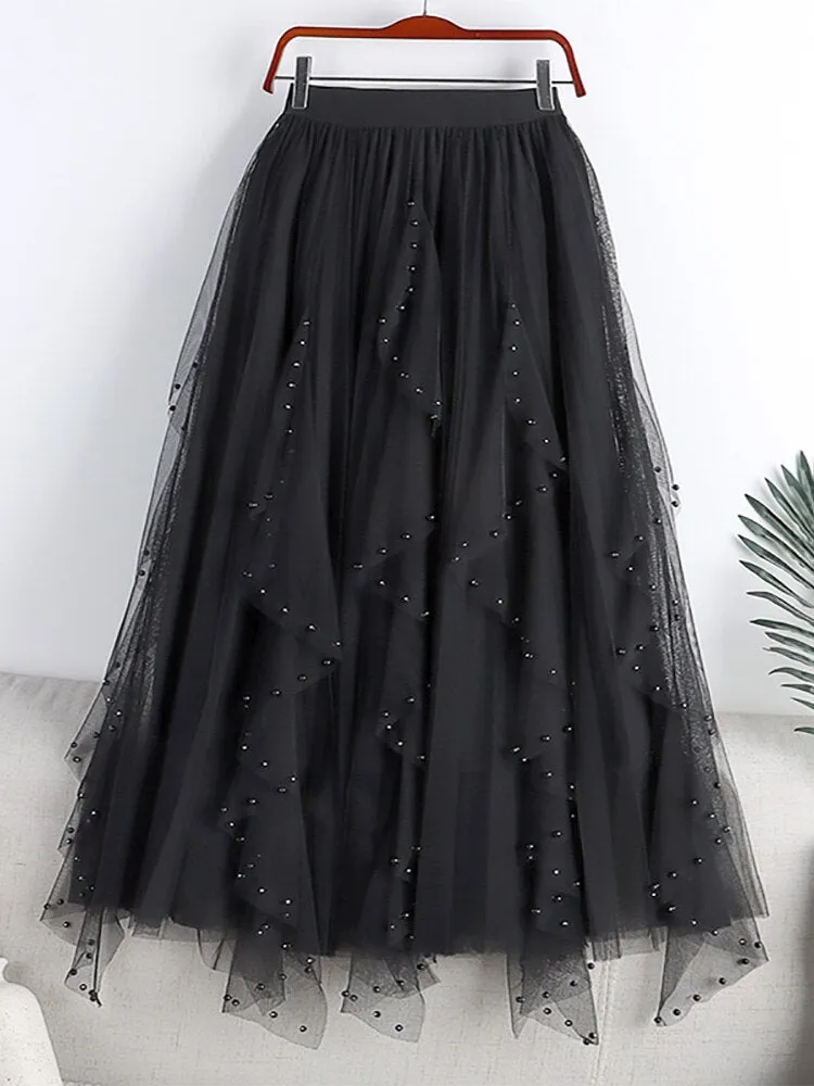 Faux Pearl Beaded Ruffle Midi Long Women Elastic High Waist Casual A Line Tulle Skirt