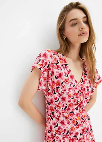 Floral Print Short Sleeve V-Neck Midi Dress by bonprix | Look Again