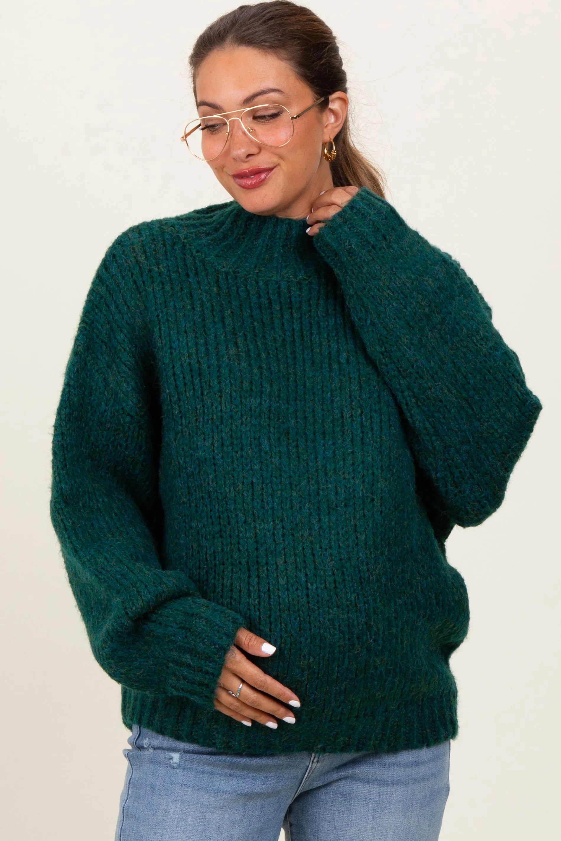 Forest Green Chunky Knit Mock Neck Maternity Sweater