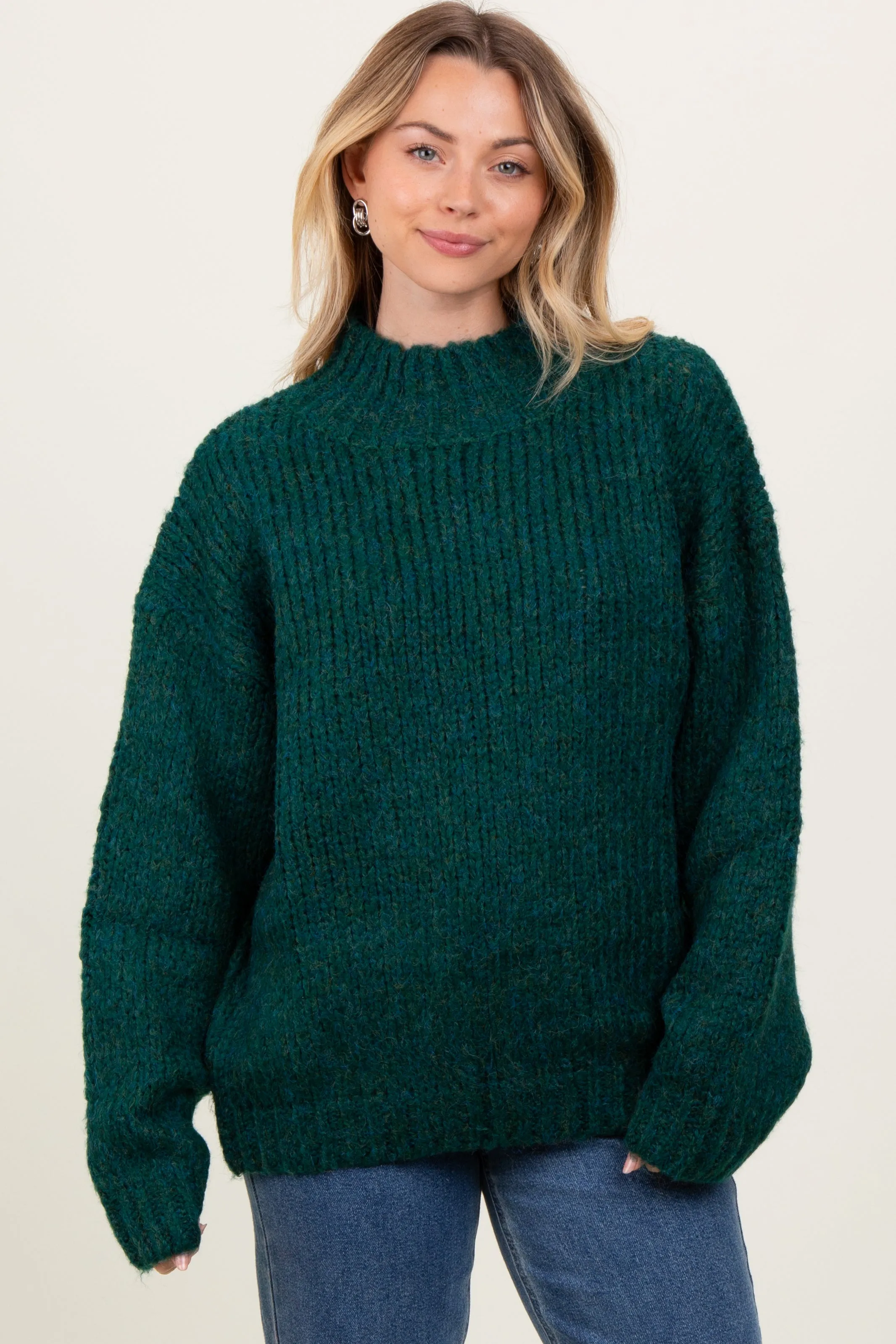 Forest Green Chunky Knit Mock Neck Maternity Sweater