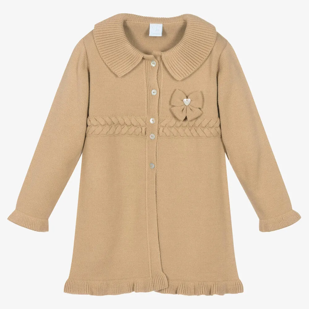 Girls Camel Beige Knitted Bow Coat