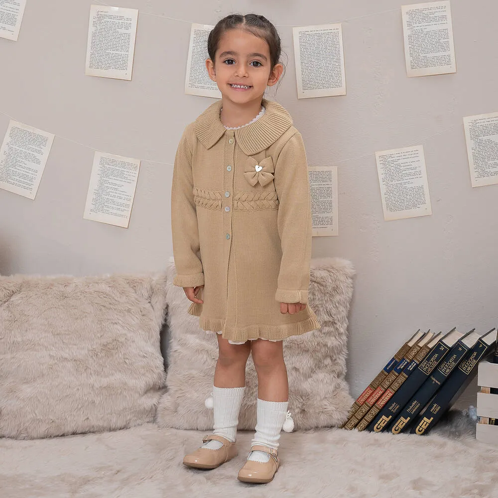 Girls Camel Beige Knitted Bow Coat