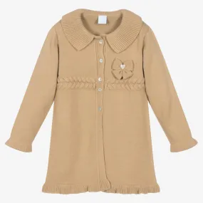 Girls Camel Beige Knitted Bow Coat