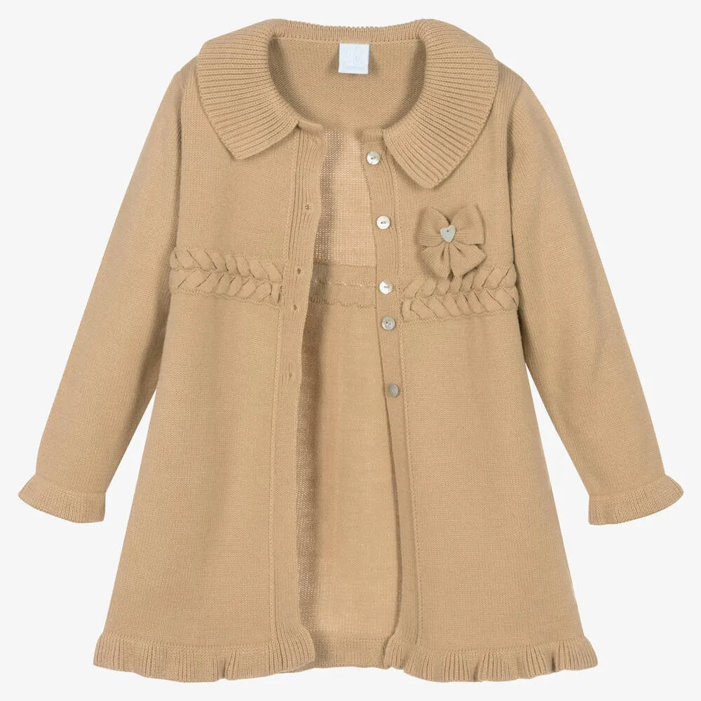 Girls Camel Beige Knitted Bow Coat