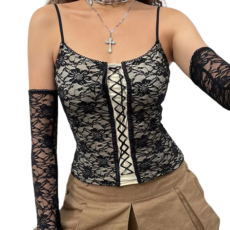 Gothic Black Strap Skinny Lace Tank Top For Women / Sexy Cropped Camis With Gloves