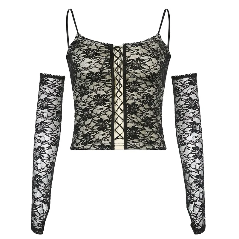 Gothic Black Strap Skinny Lace Tank Top For Women / Sexy Cropped Camis With Gloves